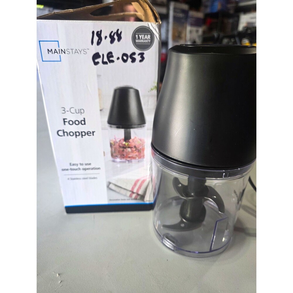 Mainstays 3-Cup Electric Food Chopper One-Touch Push, Black/Clear, Blades